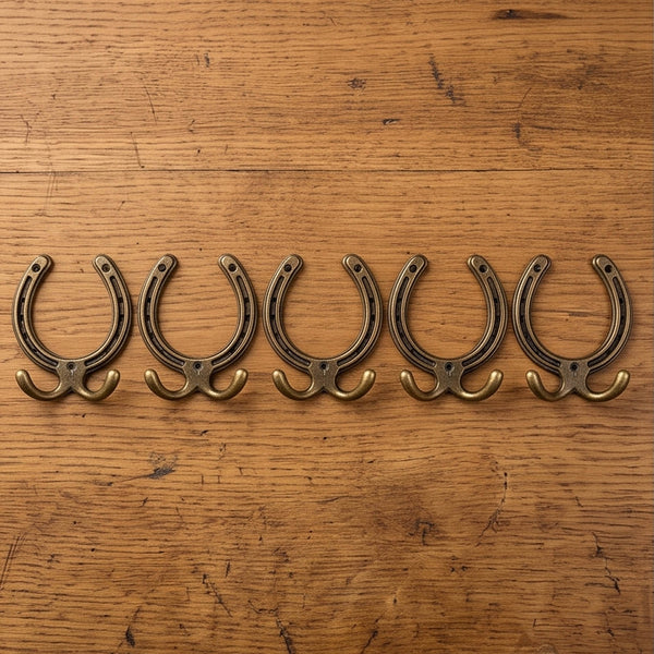 Antique Brass Horseshoe Cast Iron Double Wall Hooks - Set of 5