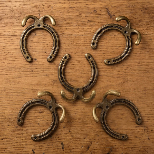 Antique Brass Horseshoe Cast Iron Double Wall Hooks - Set of 5