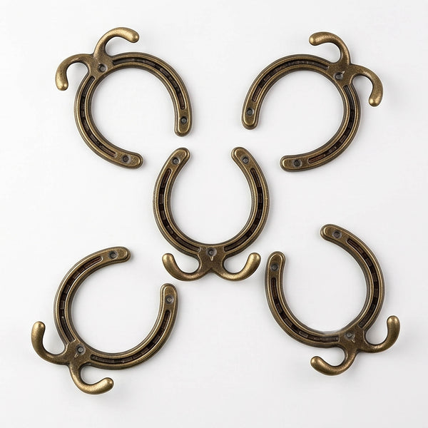 Antique Brass Horseshoe Cast Iron Double Wall Hooks - Set of 5