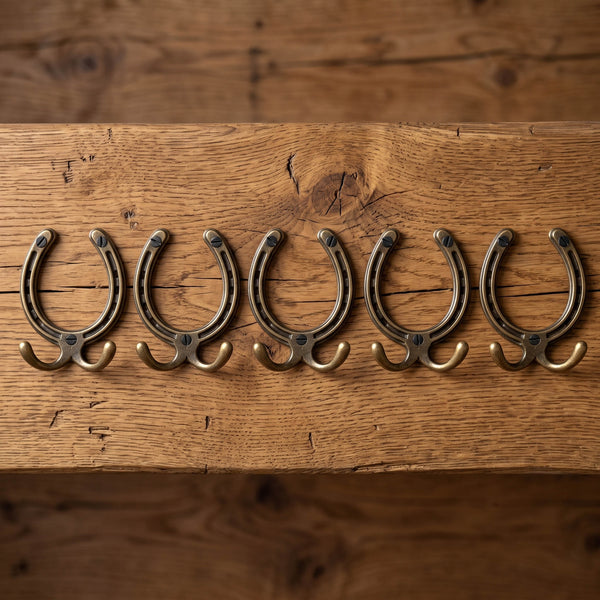 Antique Brass Horseshoe Cast Iron Double Wall Hooks - Set of 5