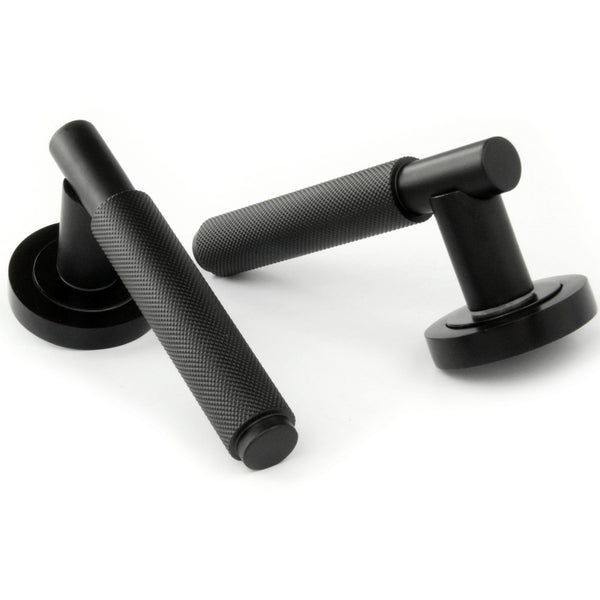 Satin Matt Black Knurled Door Lever Handles on a Round Rose