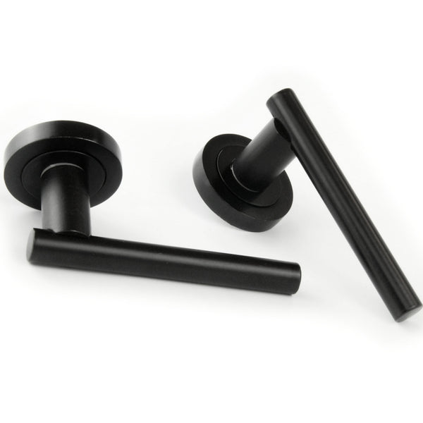 London T Bar Round Door Lever Handles on a Round Rose in Satin Black