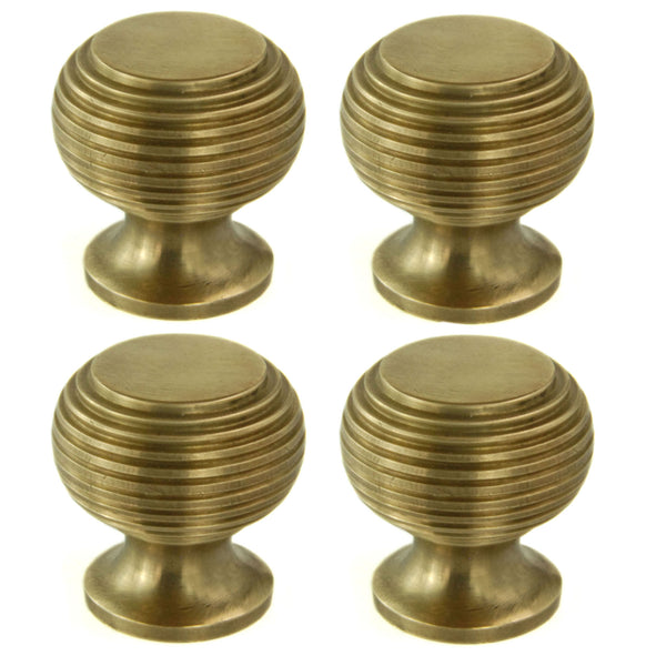 Set of 4 Unlacquered Reeded Solid Brass Knobs Handles Kitchen Door Drawer Cupboard Pulls