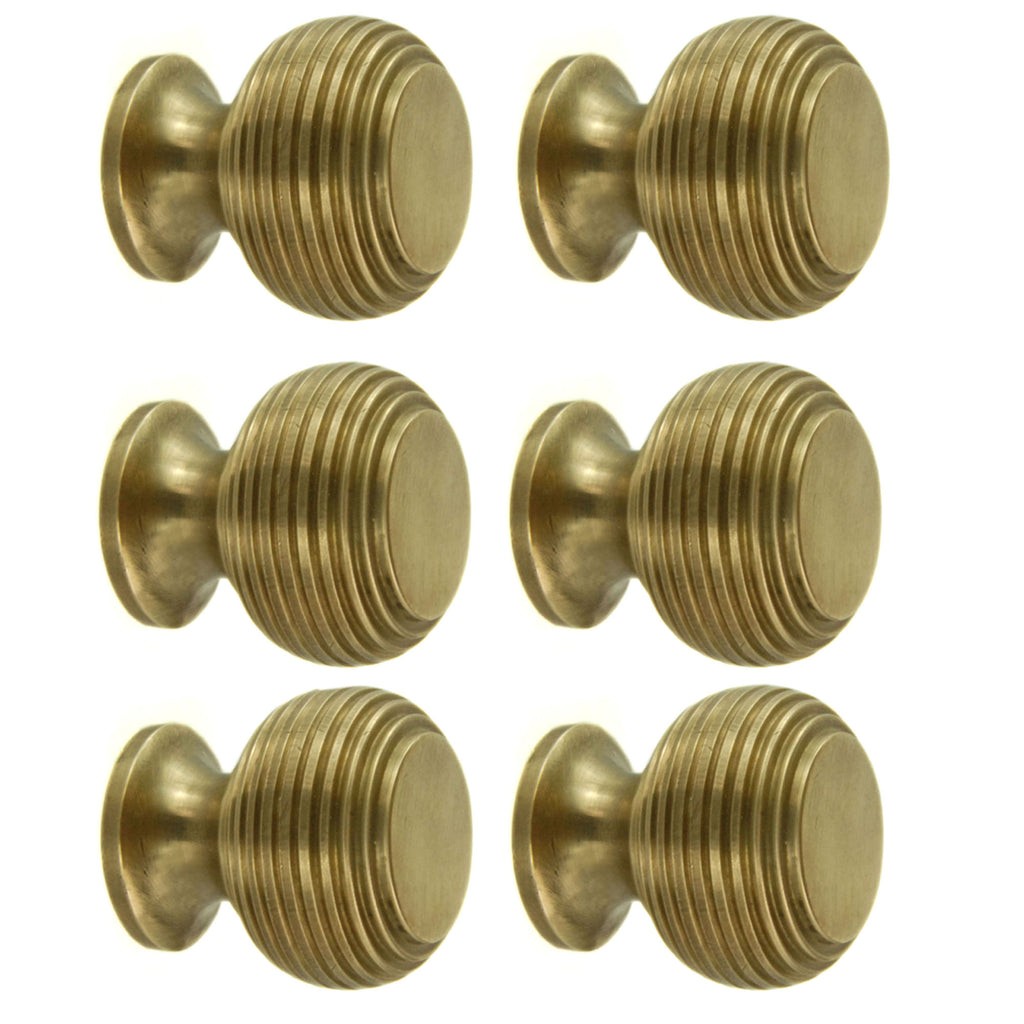 Set of 6 Unlacquered Reeded Solid Brass Knobs Handles Kitchen Door Drawer Cupboard Pulls