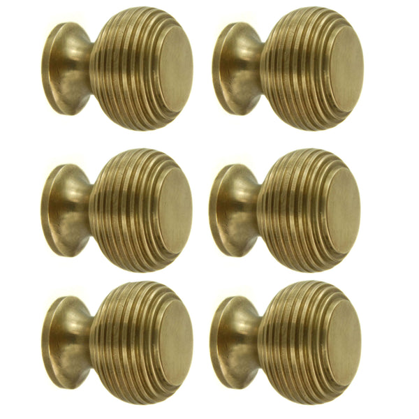 Set of 6 Unlacquered Reeded Solid Brass Knobs Handles Kitchen Door Drawer Cupboard Pulls