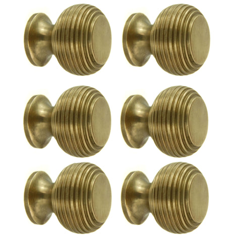 Set of 6 Unlacquered Reeded Solid Brass Knobs Handles Kitchen Door Drawer Cupboard Pulls