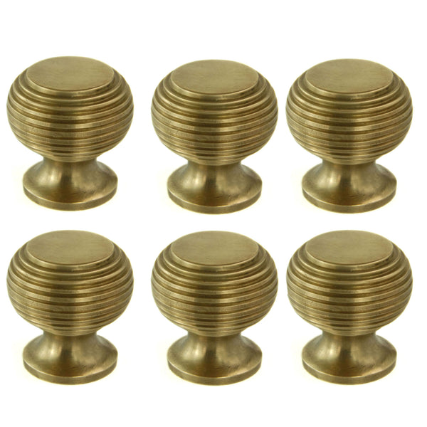 Set of 6 Unlacquered Reeded Solid Brass Knobs Handles Kitchen Door Drawer Cupboard Pulls