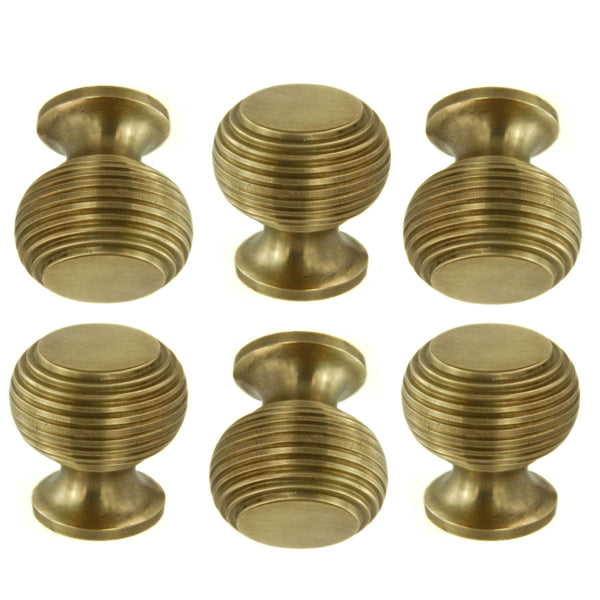 Set of 6 Unlacquered Reeded Solid Brass Knobs Handles Kitchen Door Drawer Cupboard Pulls
