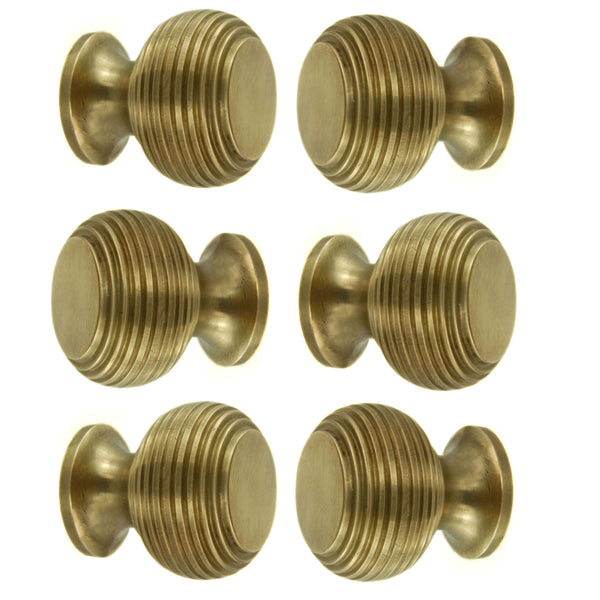 Set of 6 Unlacquered Reeded Solid Brass Knobs Handles Kitchen Door Drawer Cupboard Pulls