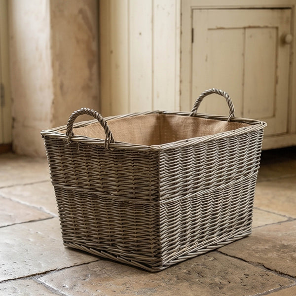 Large Tapered Basket Grey Willow with Carry Handles Hessian Lined