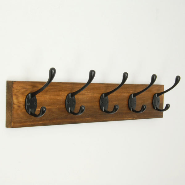 A Dark Brown Vintage Style Chunky Solid Wooden Coat Rack 5 Cast Iron Hooks