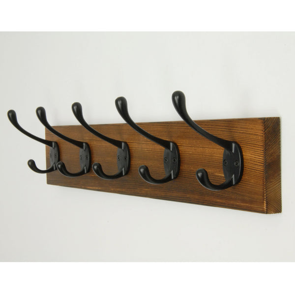 A Dark Brown Vintage Style Chunky Solid Wooden Coat Rack 5 Cast Iron Hooks