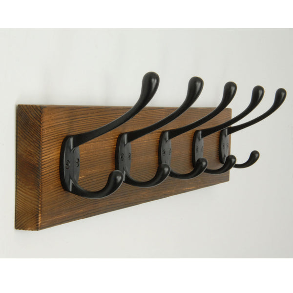 A Dark Brown Vintage Style Chunky Solid Wooden Coat Rack 5 Cast Iron Hooks