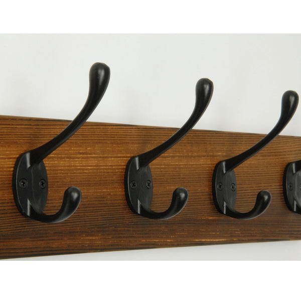 A Dark Brown Vintage Style Chunky Solid Wooden Coat Rack 5 Cast Iron Hooks