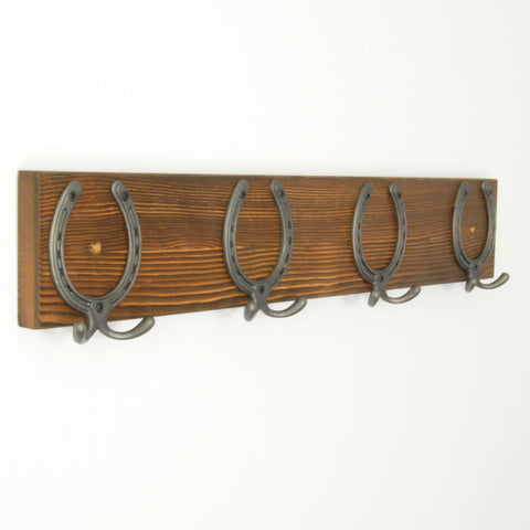 A Dark Brown Vintage Style Chunky Solid Wooden Coat Rack Horseshoe Hooks