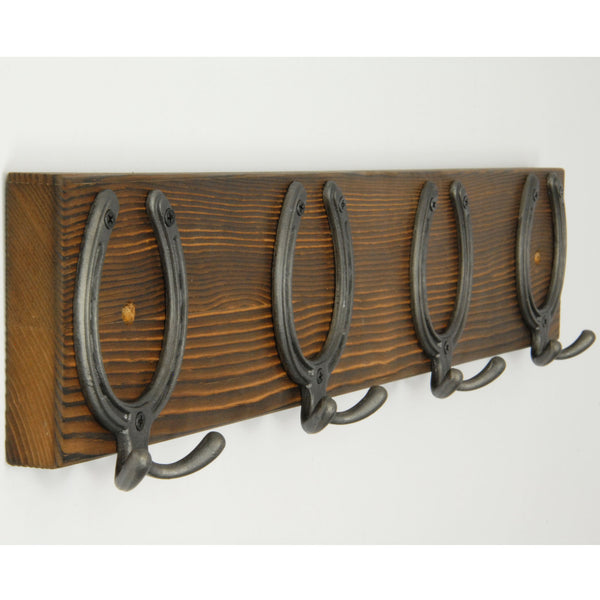 A Dark Brown Vintage Style Chunky Solid Wooden Coat Rack Horseshoe Hooks