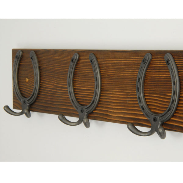 A Dark Brown Vintage Style Chunky Solid Wooden Coat Rack Horseshoe Hooks