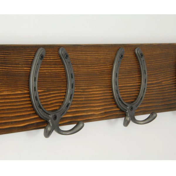 A Dark Brown Vintage Style Chunky Solid Wooden Coat Rack Horseshoe Hooks