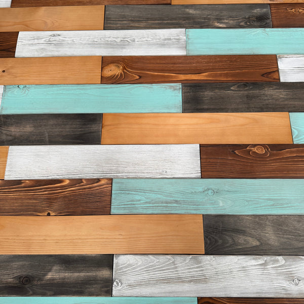 Mixed Colour Reclaimed Style Wooden Wall Tiles Cladding Panelling Panel White Oak Teal Green Grey Brown