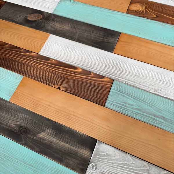 Mixed Colour Reclaimed Style Wooden Wall Tiles Cladding Panelling Panel White Oak Teal Green Grey Brown