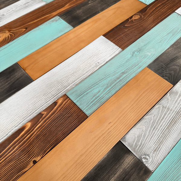 Mixed Colour Reclaimed Style Wooden Wall Tiles Cladding Panelling Panel White Oak Teal Green Grey Brown