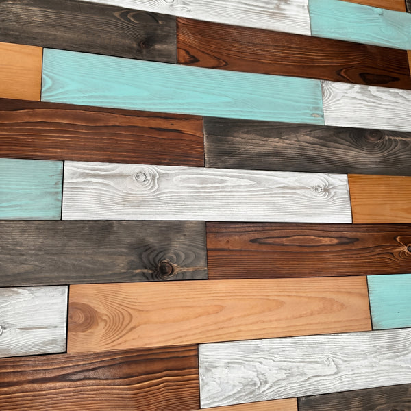 Mixed Colour Reclaimed Style Wooden Wall Tiles Cladding Panelling Panel White Oak Teal Green Grey Brown