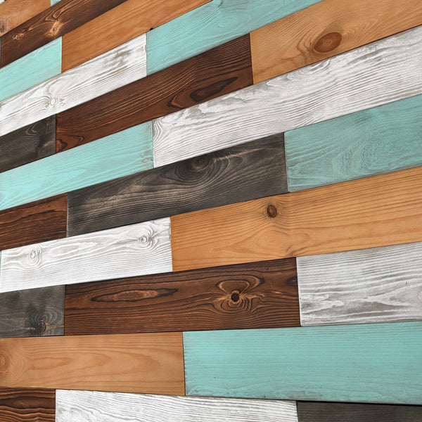 Mixed Colour Reclaimed Style Wooden Wall Tiles Cladding Panelling Panel White Oak Teal Green Grey Brown