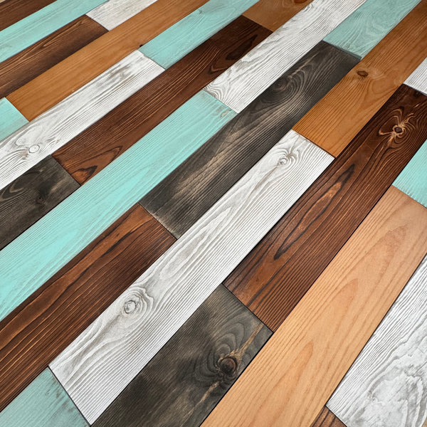 Mixed Colour Reclaimed Style Wooden Wall Tiles Cladding Panelling Panel White Oak Teal Green Grey Brown
