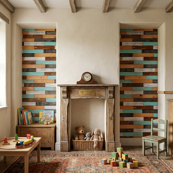 Mixed Colour Reclaimed Style Wooden Wall Tiles Cladding Panelling Panel White Oak Teal Green Grey Brown