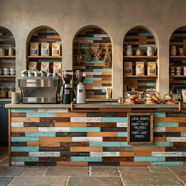 Mixed Colour Reclaimed Style Wooden Wall Tiles Cladding Panelling Panel White Oak Teal Green Grey Brown