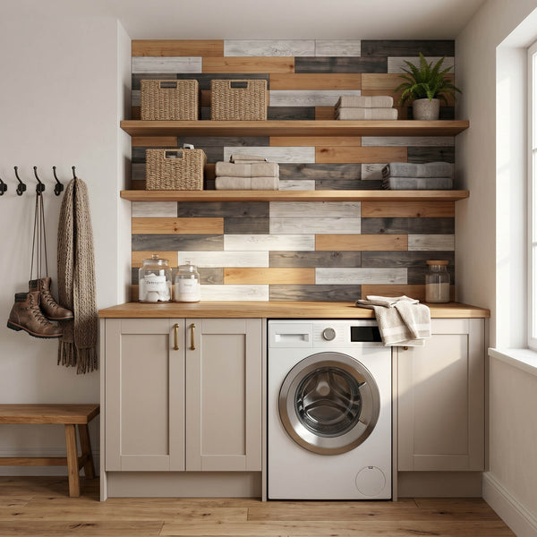 Nordic Lodge Wooden Wall Tiles Cladding Panelling Panels Grey White Oak Finish