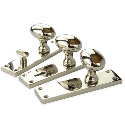 New York Door Knobs Oval Round Handles on Backplate Polished Nickel