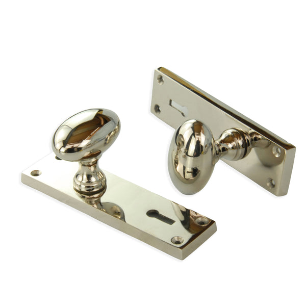 New York Door Knobs Oval Round Handles on Backplate Polished Nickel