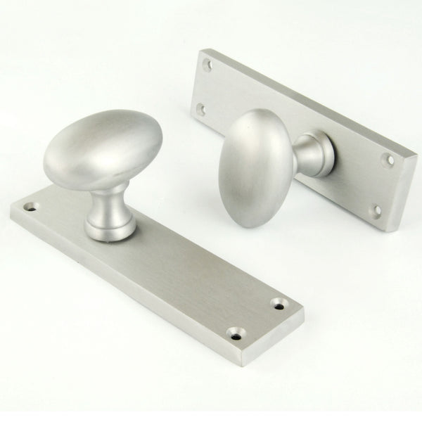 New York Oval Round Door Knobs Handles on Backplate Satin Nickel
