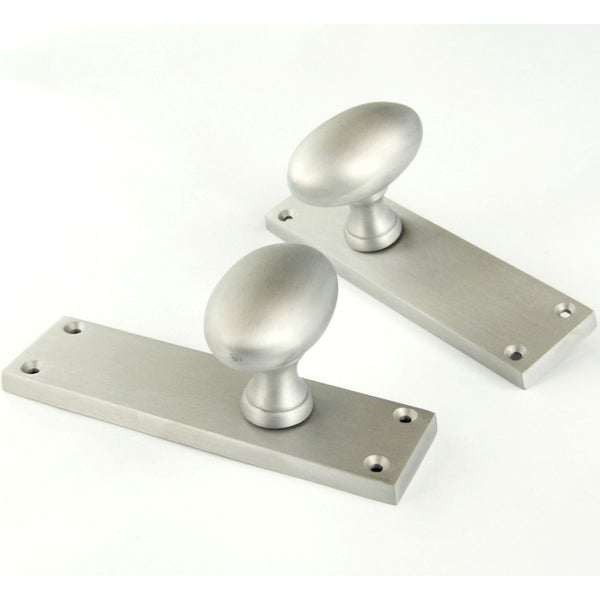 New York Oval Round Door Knobs Handles on Backplate Satin Nickel