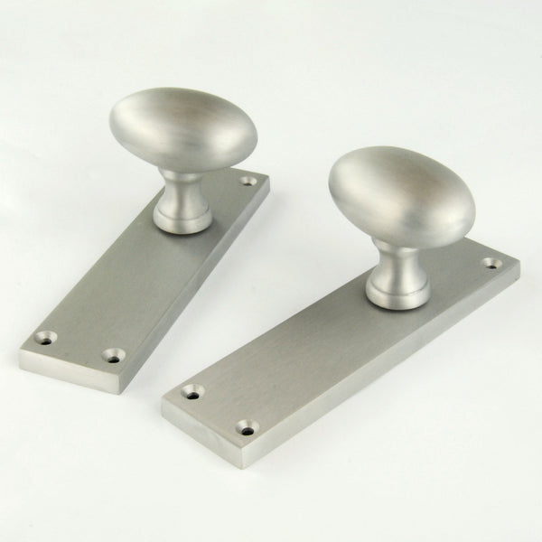 New York Oval Round Door Knobs Handles on Backplate Satin Nickel