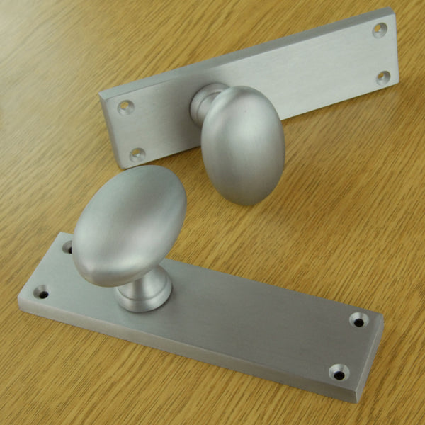New York Oval Round Door Knobs Handles on Backplate Satin Nickel