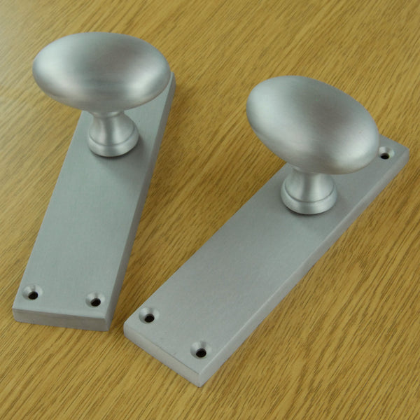 New York Oval Round Door Knobs Handles on Backplate Satin Nickel