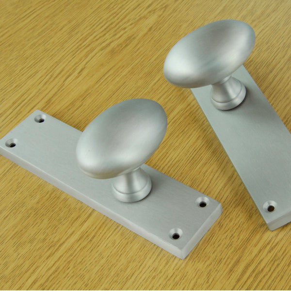 New York Oval Round Door Knobs Handles on Backplate Satin Nickel