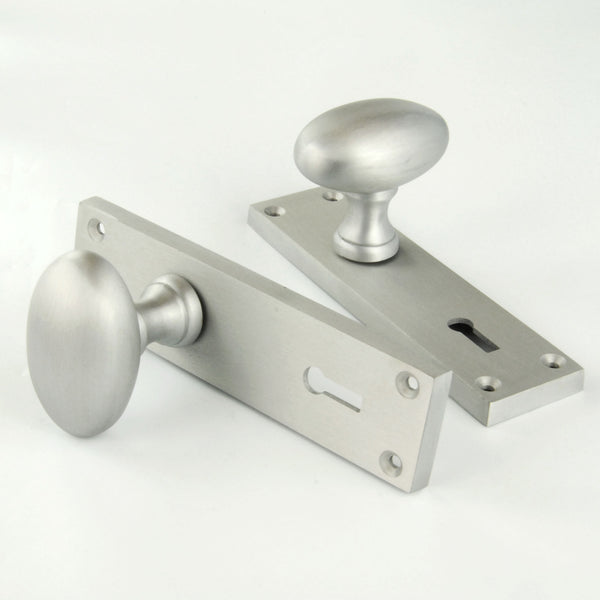 New York Oval Round Door Knobs Handles on Backplate Satin Nickel