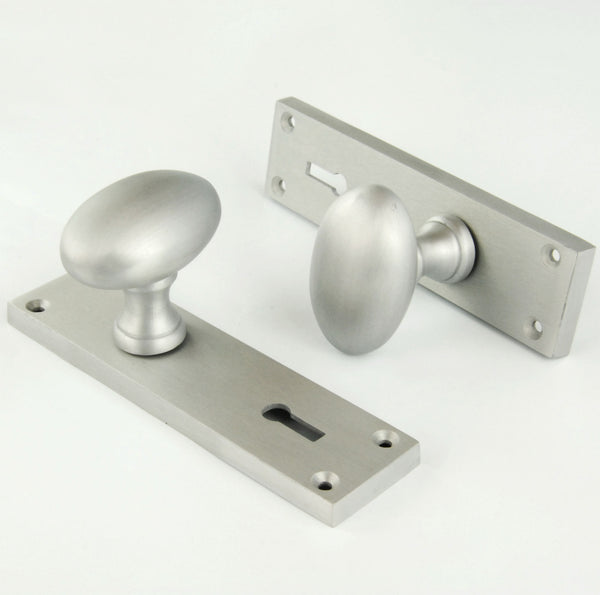New York Oval Round Door Knobs Handles on Backplate Satin Nickel