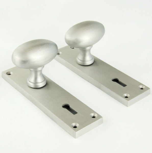 New York Oval Round Door Knobs Handles on Backplate Satin Nickel