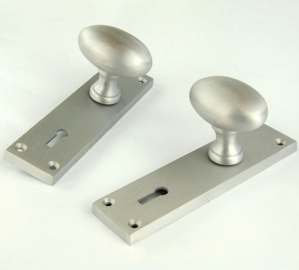 New York Oval Round Door Knobs Handles on Backplate Satin Nickel