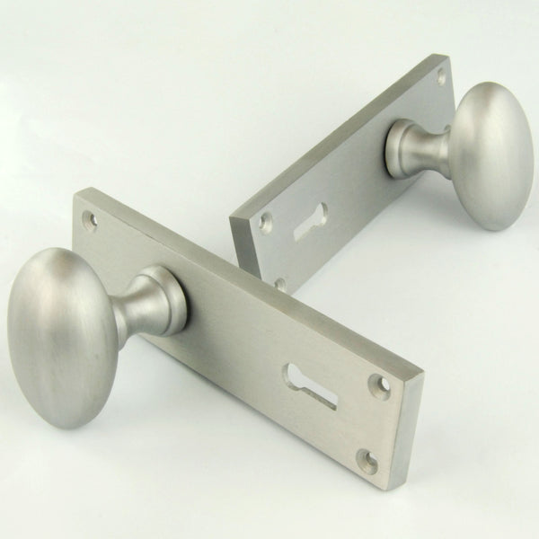 New York Oval Round Door Knobs Handles on Backplate Satin Nickel