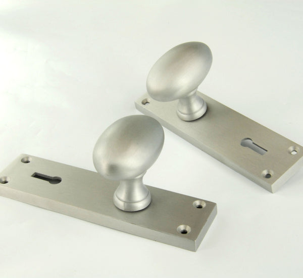 New York Oval Round Door Knobs Handles on Backplate Satin Nickel