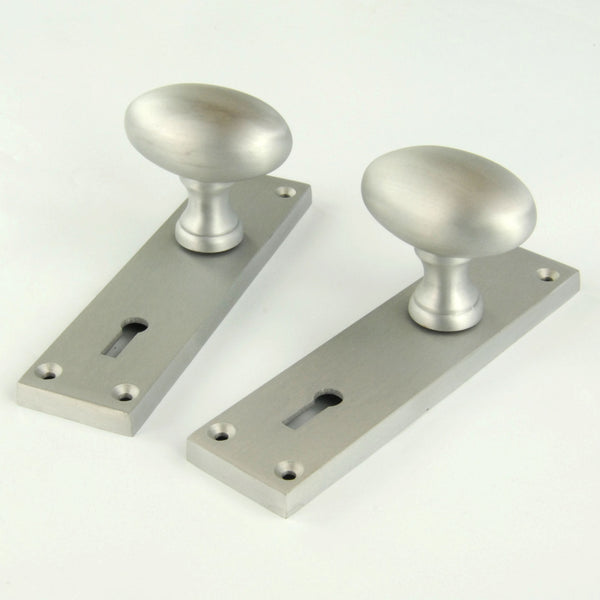 New York Oval Round Door Knobs Handles on Backplate Satin Nickel
