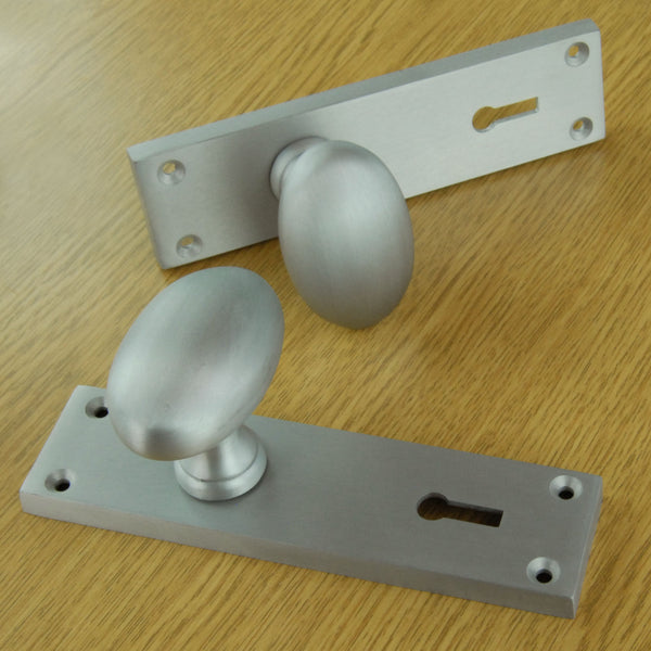 New York Oval Round Door Knobs Handles on Backplate Satin Nickel