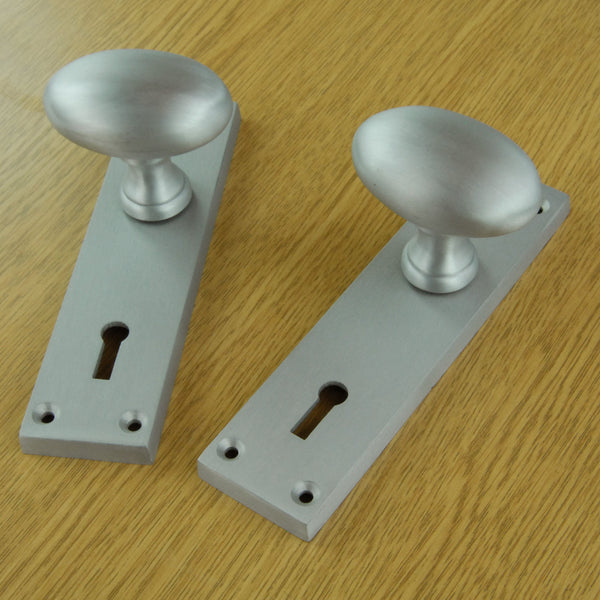 New York Oval Round Door Knobs Handles on Backplate Satin Nickel