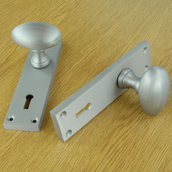 New York Oval Round Door Knobs Handles on Backplate Satin Nickel