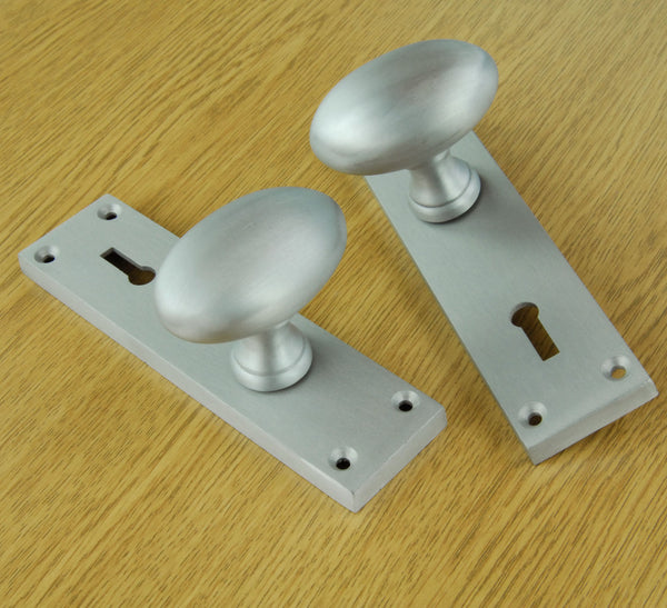 New York Oval Round Door Knobs Handles on Backplate Satin Nickel